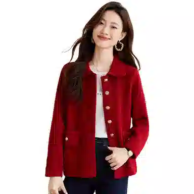 红蜻蜓 气质百搭翻领纯色开衫休闲百搭舒适外套针织衫 女款