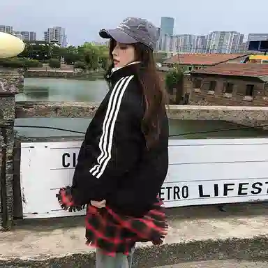 红蜻蜓 美式休闲百搭风立领条纹宽松棉衣外套冬季保暖设计感棉服 男女同款