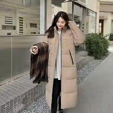 红蜻蜓 长款连帽立领防风保暖棉服 女款
