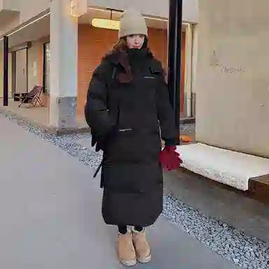 红蜻蜓 长款连帽立领防风保暖棉服 女款