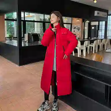 红蜻蜓 长款连帽立领防风保暖棉服 女款
