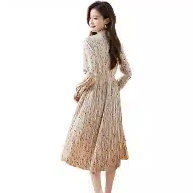 红蜻蜓 百搭休闲修身碎花长袖连衣裙 女款 淡黄色