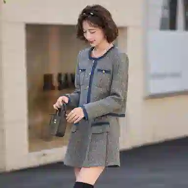 红蜻蜓 小香风圆领短款外套短裙两件套气质裙装套装 女款