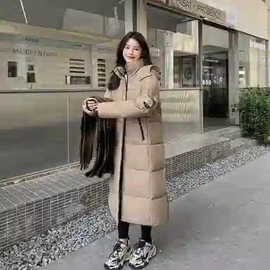 红蜻蜓 长款连帽立领防风保暖棉服 女款