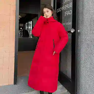 红蜻蜓 长款连帽立领防风保暖棉服 女款