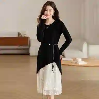 红蜻蜓 法式气质针织裙拼接亮片蕾丝设计感长袖连衣裙 女款