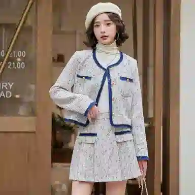 红蜻蜓 小香风圆领短款外套短裙两件套气质裙装套装 女款