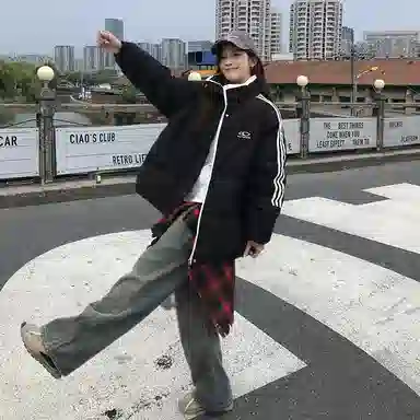 红蜻蜓 美式休闲百搭风立领条纹宽松棉衣外套冬季保暖设计感棉服 男女同款