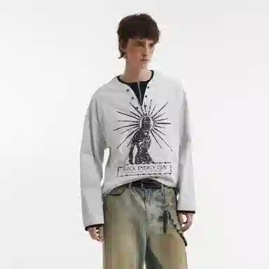 STRANGER LAB Vintage Henry Collar Printed Long Sleeve Tee