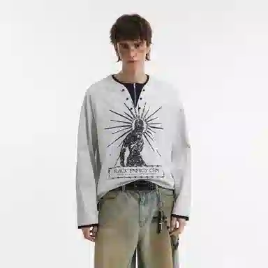 STRANGER LAB Vintage Henry Collar Printed Long Sleeve Tee