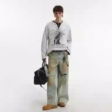 STRANGER LAB Vintage Henry Collar Printed Long Sleeve Tee