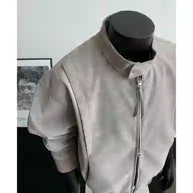 【绒感雾花皮外套裤子一套】布客行 美拉德立领拼接结构美式复古高街夹克直筒水洗做旧微喇基础款松紧腰抽绳牛仔裤休闲运动套装 男女同款