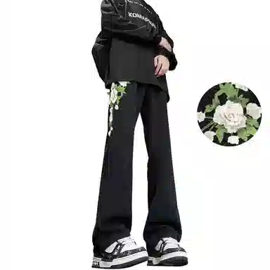 【万针刺绣3D立体浮雕】布客行 显腿长显高显瘦重工美式复古水洗直筒基础款文艺风花卉透气高街舒适亲肤休闲百搭微喇长裤牛仔裤 男女同款