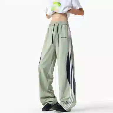 【三条杠拼接条纹撞色明线设计】布客行 青少年早秋开学美式高街潮牌复古阔腿垂感抽绳运动舒适松紧长裤子休闲裤 男女同款