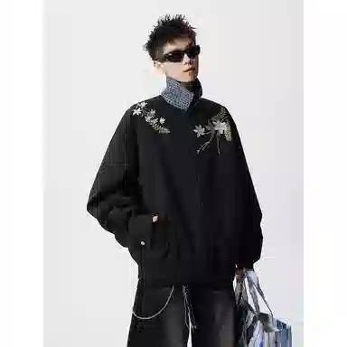 【万针刺绣立体花卉两面穿夹克牛仔裤一套】布客行 翻领拉链美式潮牌长袖外套抽绳港风宽松阔腿水洗做旧长裤休闲运动套装 男女同款