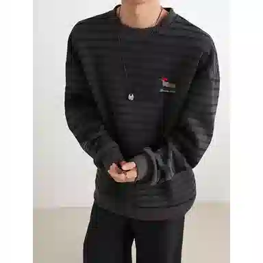 【腊肠小狗刺绣打底衫牛仔裤一套】布客行 美式潮牌圆领长袖条纹百搭港风卫衣抽绳水洗复古做旧阔腿通勤长裤休闲运动套装 男女同款