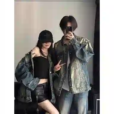 【废土风破洞牛仔外套裤子一套】布客行 美式潮牌水洗做旧高街痞帅长袖通勤抽绳宽松阔腿简约百搭长裤休闲运动套装 男女同款