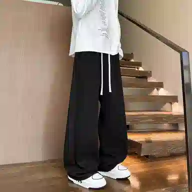 【明线拼接设计大码垂感卫裤】布客行  美式复古高街港风简约纯色基础款宽松直筒弯刀松紧系带显瘦保暖通勤百搭长裤阔腿休闲裤 男女同款