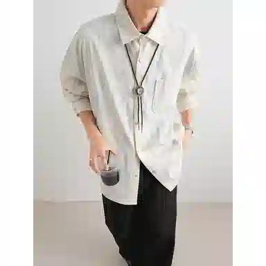 【扎染翻领脏脏开衫裤子一套】布客行 纯色晕染点缀大码百搭长袖外套抽绳松紧腰口水洗做旧阔腿牛仔通勤长裤衬衫套装 男女同款