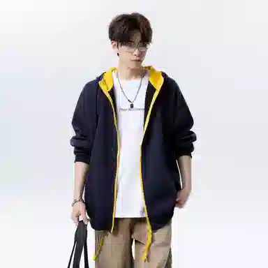 【拼色连帽开衫牛仔裤一套】布客行 撞色拉链高街休闲风大码宽松落肩保暖运动外套抽绳松紧腰水洗做旧港风简约百搭长裤卫衣套装 男女同款