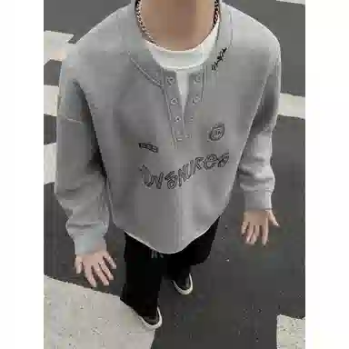 【重磅假两件】布客行 美式复古高街亨利领拼接潮流徽章字母可拆卸别针休闲运动舒适百搭学院嘻哈雅痞亲肤华棉早秋长袖卫衣 男女同款