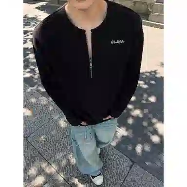 【高街半开领华夫格】布客行 拉链领口长袖内搭美式复古亲肤柔顺港风垂感宽松大码日系慵懒风纯色小众百搭学院风可外穿通勤卫衣 男女同款