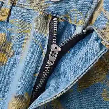 布客行 美式复古水洗植物花卉满印提花高街亲肤透气休闲百搭微喇显高显瘦显腿长裤弹力基础款阔腿巴黎柳叶弯刀直筒无性别牛仔裤 男女同款