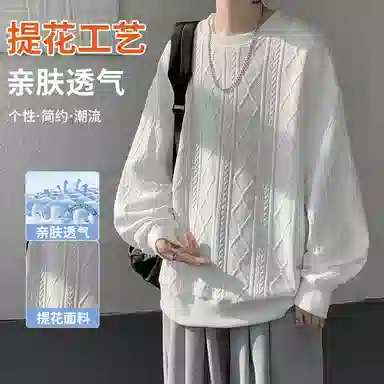 【提花压印大码200斤可穿】布客行 重磅慵懒风美式复古纯色圆领套头落肩长袖上衣港风宽松休闲百搭别针可拆卸刺绣胸标春秋卫衣 男女同款