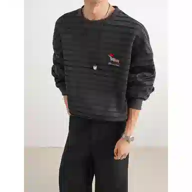 【腊肠小狗刺绣打底衫牛仔裤一套】布客行 美式潮牌圆领长袖条纹百搭港风卫衣抽绳水洗复古做旧阔腿通勤长裤休闲运动套装 男女同款