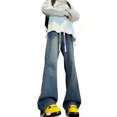 【粗纺仿羊绒外套裤子一套】布客行 连帽高街绒感保暖美式复古上衣夹克直筒水洗做旧微喇基础款松紧腰抽绳牛仔裤休闲运动套装 男女同款