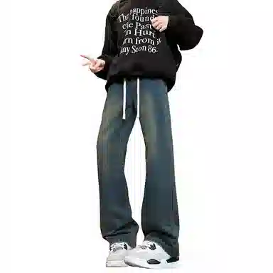 【巴黎柳叶弯刀裤】布客行 美式复古水洗直筒基础款高街舒适亲肤透气休闲百搭微喇纯色长裤显高显瘦显腿长弹力抽绳松紧腰牛仔裤 男女同款