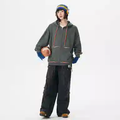 【反穿多巴胺】布客行 彩色条纹木耳边拆卸别针美式复古高街港风回潮设计连帽落肩口袋系带开衫宽松舒适百搭华棉长袖外套 卫衣 男女同款