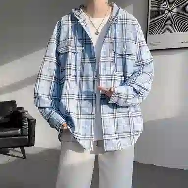 布客行 免搭配一套港风连帽开衫条纹格子高街休闲宽松衬衣外套美式复古直筒抽绳松紧腰微喇基础款柔软牛仔裤衬衫套装 男女同款