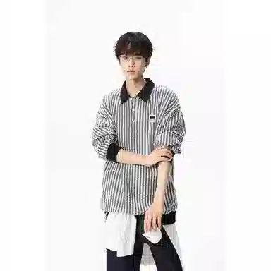 【明线撞色条纹早秋长袖】布客行 可拆卸别针美式复古高街轻奢老钱港风重磅慵懒垂感翻领落肩拼接宽松休闲舒适内搭外穿华棉卫衣 男女同款