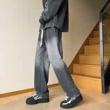 【直筒渐变显高显腿长】布客行 美式复古宽松大码水洗做旧潮流港风高街小众百搭阔腿舒适长裤子日常通勤痞帅学院风牛仔裤 男女同款
