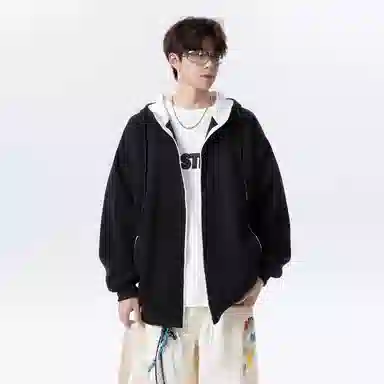 【拼色连帽开衫牛仔裤一套】布客行 撞色拉链高街休闲风大码宽松落肩保暖运动外套抽绳松紧腰水洗做旧港风简约百搭长裤卫衣套装 男女同款