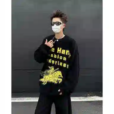 布客行 斯巴达勇士提花字母仿水貂绒毛衣美式高街宽松复古慵懒风休闲百搭海马毛痞帅嘻哈舒适防风防寒打底衫长袖圆领套头针织衫 男女同款