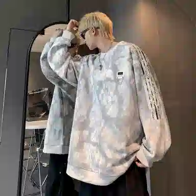 【满天星扎染满印拼接条纹】布客行 早秋开学穿搭可拆卸胸针潮牌复古美式高街国潮港风圆领落肩袖宽松舒适休闲多元素融合卫衣 男女同款