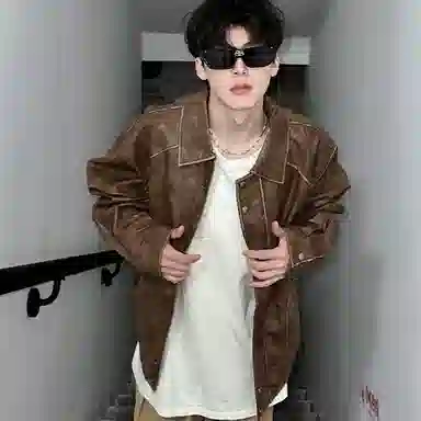 布客行 【复古废土风做旧拉链皮衣】酷飒不羁狂野硬朗摇滚机车叛逆霸气有型水洗质感翻领宽松廓形风格高级感日常夹克 男女同款