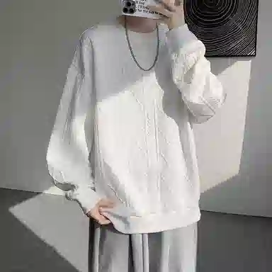 【提花压印大码200斤可穿】布客行 重磅慵懒风美式复古纯色圆领套头落肩长袖上衣港风宽松休闲百搭别针可拆卸刺绣胸标春秋卫衣 男女同款