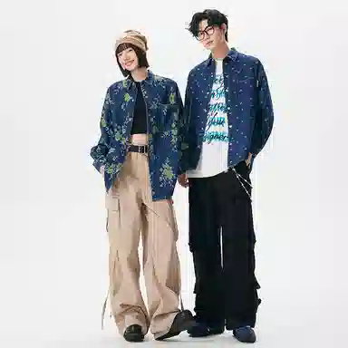 【满印提花牛仔】布客行 美式高街港式复古新中式轻奢国潮老钱风拼接华棉开衫一排扣翻领落肩口袋休闲舒适百搭长袖夹克牛仔外套 男女同款