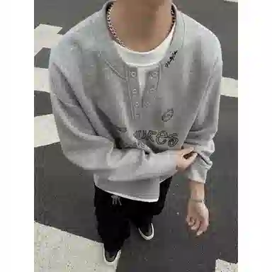 【重磅假两件】布客行 美式复古高街亨利领拼接潮流徽章字母可拆卸别针休闲运动舒适百搭学院嘻哈雅痞亲肤华棉早秋长袖卫衣 男女同款