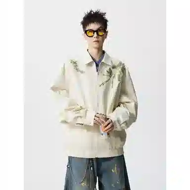 【万针刺绣立体花卉两面穿夹克牛仔裤一套】布客行 翻领拉链美式潮牌长袖外套抽绳港风宽松阔腿水洗做旧长裤休闲运动套装 男女同款