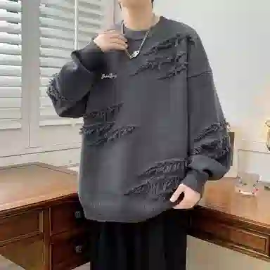 【软糯慵懒风不规则线条毛衣】布客行 美式复古高级感舒适加绒加厚保暖圆领可内搭可外穿宽松休闲学院风少年百搭潮流弹力针织衫 男女同款