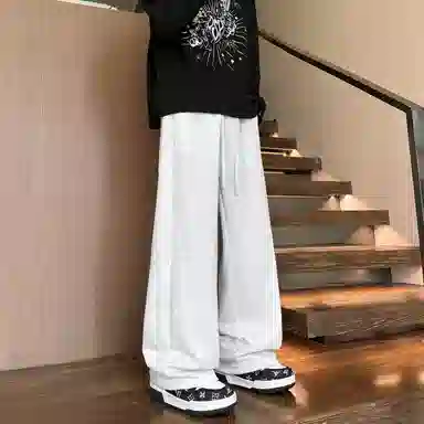【明线拼接设计大码垂感卫裤】布客行  美式复古高街港风简约纯色基础款宽松直筒弯刀松紧系带显瘦保暖通勤百搭长裤阔腿休闲裤 男女同款
