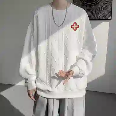 【提花压印大码200斤可穿】布客行 重磅慵懒风美式复古纯色圆领套头落肩长袖上衣港风宽松休闲百搭别针可拆卸刺绣胸标春秋卫衣 男女同款