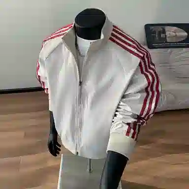 【防泼水外套裤子一套】布客行 三条杆条纹螺纹立领美式复古高街上衣夹克直筒水洗做旧微喇基础款松紧腰抽绳牛仔裤休闲运动套装 男女同款