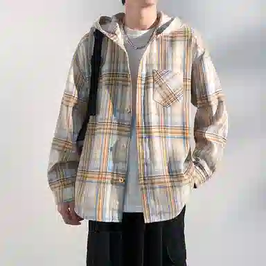 【免搭配一套】布客行 连帽开衫格子学院风高街单排扣休闲宽松衬衣外套美式复古直筒抽绳松紧腰微喇基础款柔软牛仔裤衬衫套装 男女同款