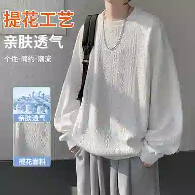 【提花压印大码200斤可穿】布客行 慵懒风纯色圆领套头落肩长袖上衣港风宽松休闲百搭基础款可拆卸刺绣胸标春秋美式复古卫衣 男女同款