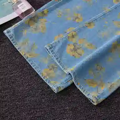 布客行 美式复古水洗植物花卉满印提花高街亲肤透气休闲百搭微喇显高显瘦显腿长裤弹力基础款阔腿巴黎柳叶弯刀直筒无性别牛仔裤 男女同款